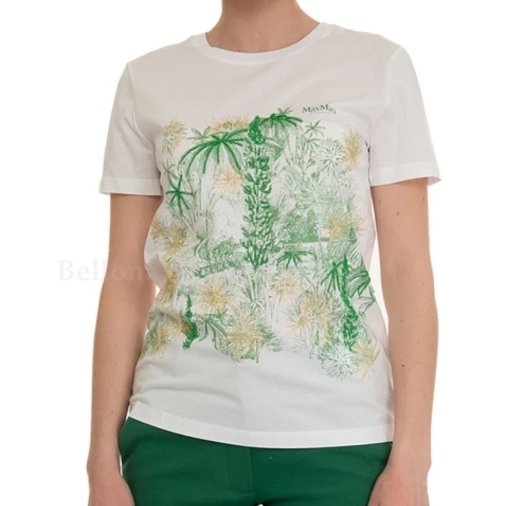 MaxMara White Short Sleeve Tee with Green and Gold Botanical Print - Picture 13 of 14
